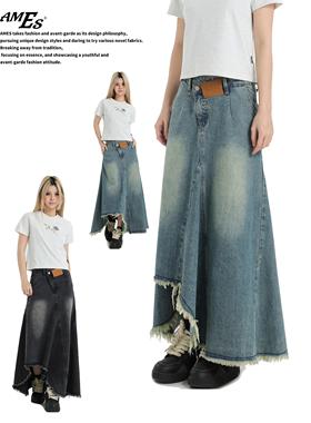 AMES 潮牌国潮情侣美式不规则裙摆中长款高腰蓝色牛仔半身裙女