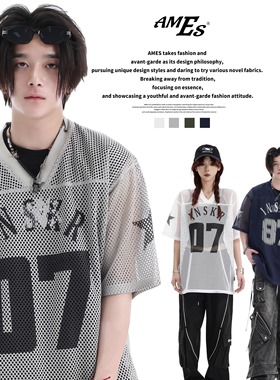AMES 潮牌国潮情侣美式凉感镂空大网眼罩衫宽松印花LOGO球衣男女