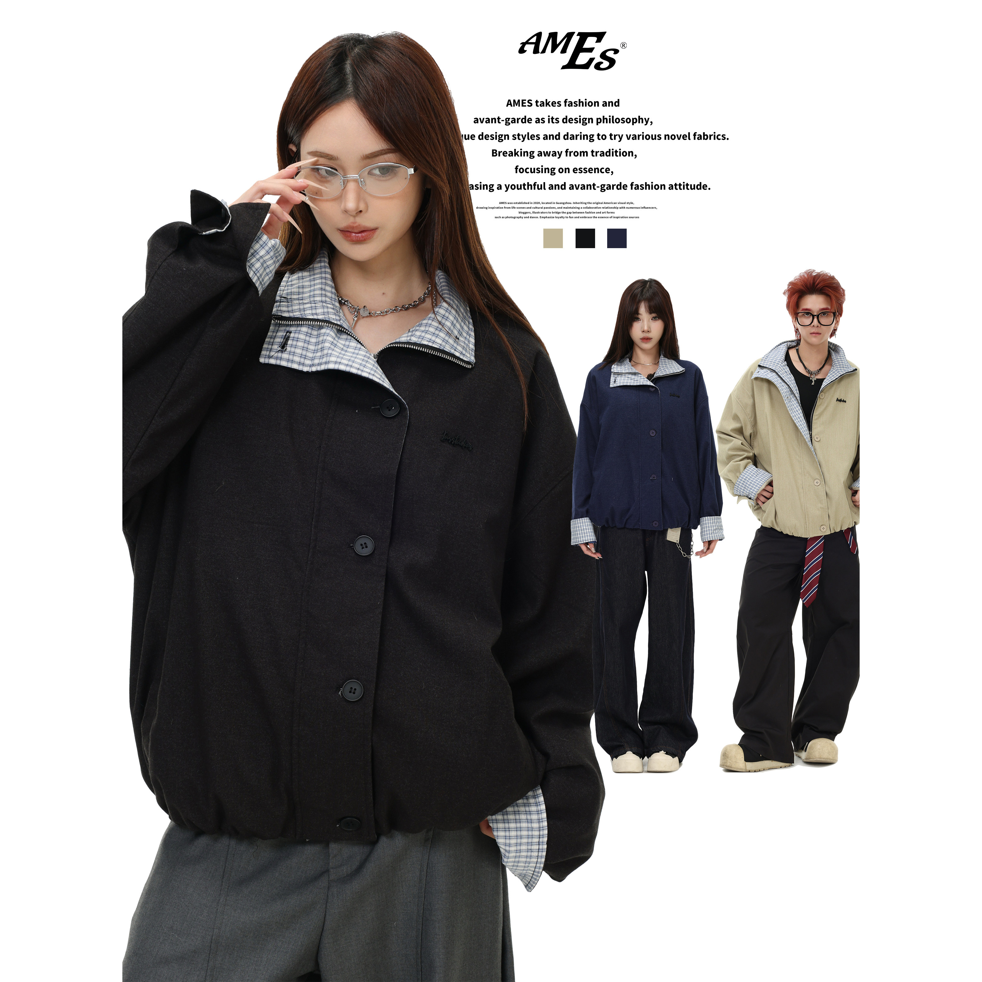 AMES格纹拼接翻领棉服