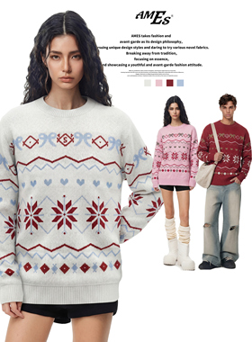 AMES 潮牌国潮情侣美式「新年费尔岛提花毛衣」宽松慵懒针织衫男