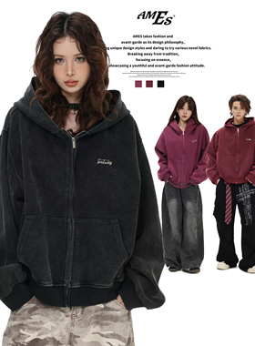 AMES 潮牌国潮美式「水洗炒色短款连帽卫衣」宽松加绒拉链外套男