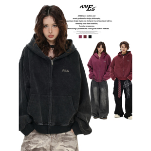AMES 潮牌国潮美式「水洗炒色短款连帽卫衣」宽松加绒拉链外套男