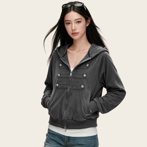 美式复古拿破仑短款拉链卫衣女