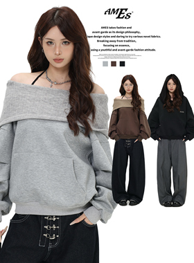 AMES 潮牌国潮美式「斜肩一字领连帽卫衣」宽松空气层露肩上衣女