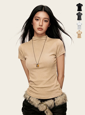 Ames 美式复古辣妹【半高领正肩短袖T恤】夏季修身显瘦内搭上衣女