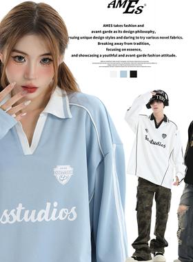 AMES 潮牌国潮情侣美式撞色条纹V领卫衣宽松三条杠长袖球衣男女