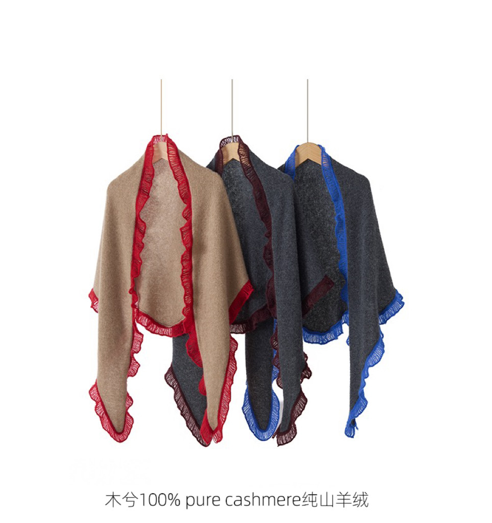 100% pure cashmere纯山羊绒三角流苏大披肩|木耳边针织斗篷围巾