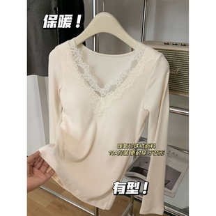 妃子纪6627蕾丝内搭自带胸垫发热保暖上衣暖氧珍珠绒螺纹打底衫女