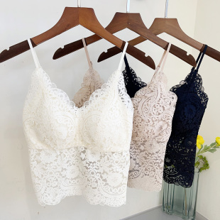 蕾丝美背吊带女性感V领一体杯聚拢内衣抹裹胸背后镂空打底背心潮
