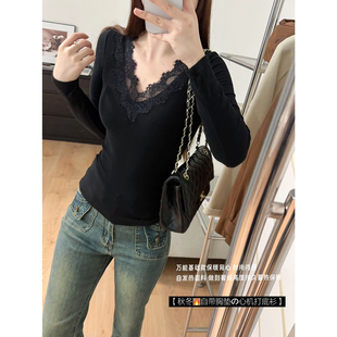 妃子纪6627蕾丝边磨毛绒保暖长袖打底衫女修身固定杯外穿内搭上衣