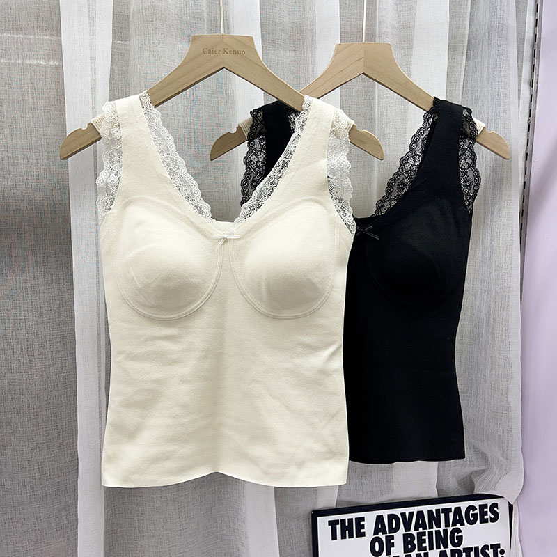 新品蕾丝边V领秋冬发热保暖背心免穿内衣磨毛暖感打底上衣女内搭