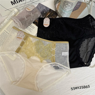 米娅林新品少女性感蕾丝拼接轻奢内裤中腰舒适桑蚕丝抑菌透气底裆