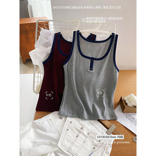 网红撞色纽扣款磨毛背心吊带时尚外穿百搭螺纹棉显瘦不带胸垫打底