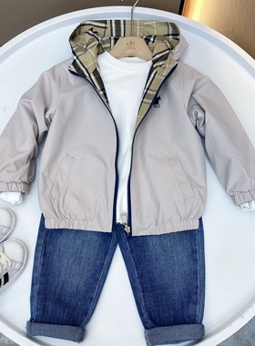 儿童春秋季新款双面穿长袖连帽拉链夹克中大童宝宝休闲外套88427