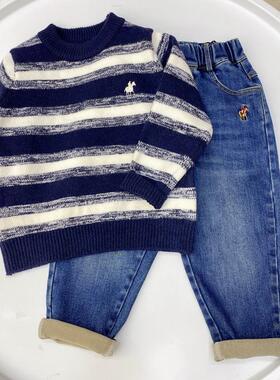 儿童秋冬季新款圆领套头藏青条纹长袖毛衫中大童宝宝针织衫86725