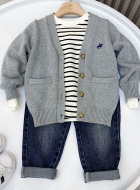 男女童欧美秋冬款儿童长袖开衫中大童宝宝休闲口袋针织毛衫84601