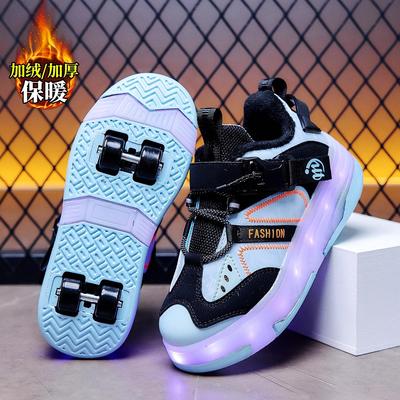 男童冬季加绒四轮亮灯隐形暴走鞋