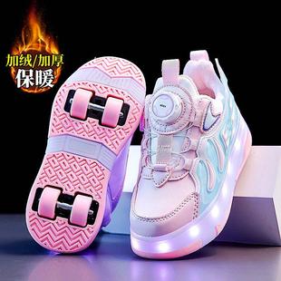 暴走鞋女童冬季隐形四轮儿童带轮鞋子加绒保暖亮灯学生暴走轮滑鞋