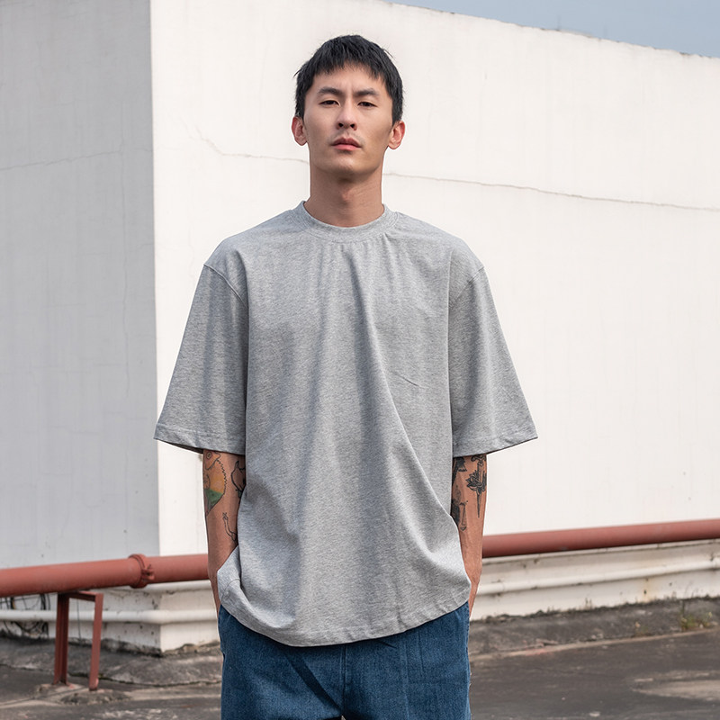 FUJAM重磅230g纯色T恤bboy宽松小领口纯棉男女打底短袖街舞hiphop