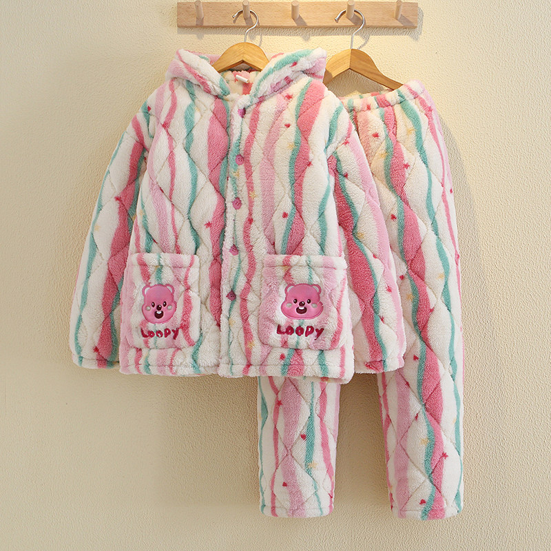 珊瑚绒睡衣女款秋冬季多巴胺三层夹棉加绒套装加厚家居服亲子女童