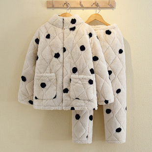 睡衣儿童冬季加绒加厚三层夹棉家居服亲子母女珊瑚绒外出日系女童