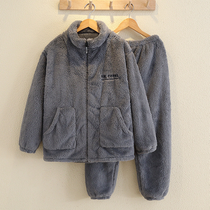 保暖睡衣套装加绒加厚秋冬珊瑚绒亲子家居服立领拉链抗寒男女款