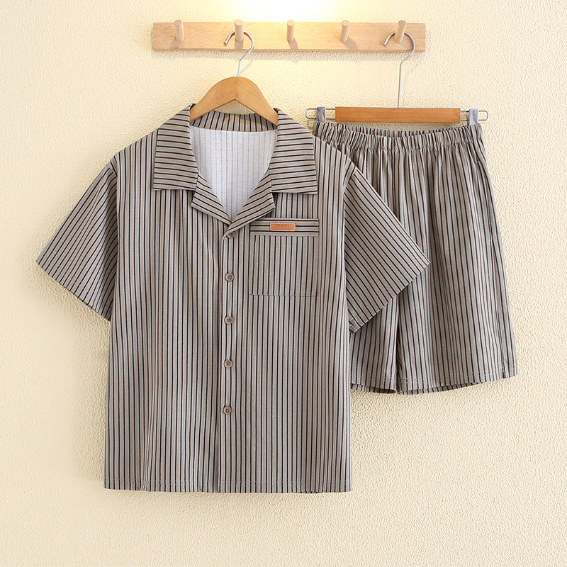 男士夏季薄款条纹衬衫领家居服套装日式凉感睡衣情侣亲子款纯棉