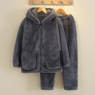 儿童睡衣男童女童秋冬季加厚加绒珊瑚绒连帽拉链家居服套装可外穿
