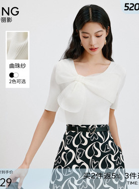 衣香丽影白色蝴蝶结短袖针织衫女2025今年秋装新款设计感开叉上衣
