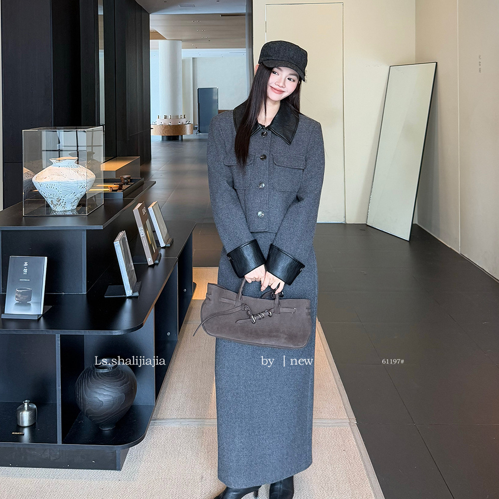 LS 复古翻领上衣+直筒半身裙套装 广州十三行25秋冬新品女装