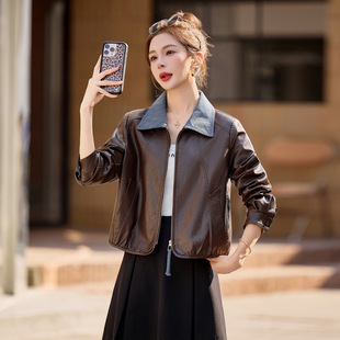 拼色翻口翻边撞色短款 女式 新款 女装 洋气皮夹克HJ2606 皮衣2026春季