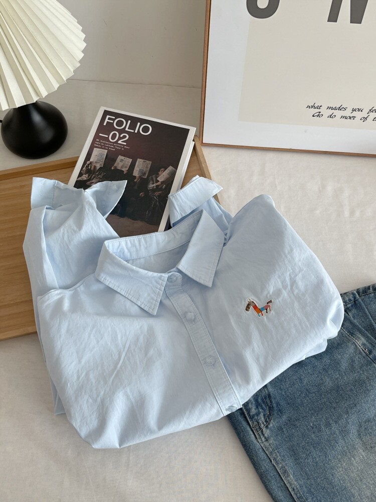 2026新款小马刺绣韩系纯棉衬衫女翻领上衣小个子外套春秋叠穿内搭