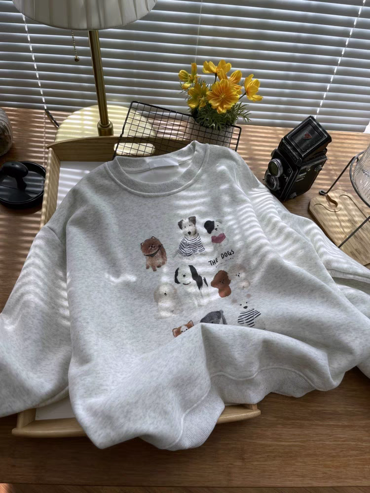 纯棉无帽卫衣女春秋加绒加厚外套休闲宽松圆领卡通初高中学生上衣