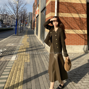 栗子妮妮 2026春季咸菜绿小香风外套女 粗花呢双排扣呢西装