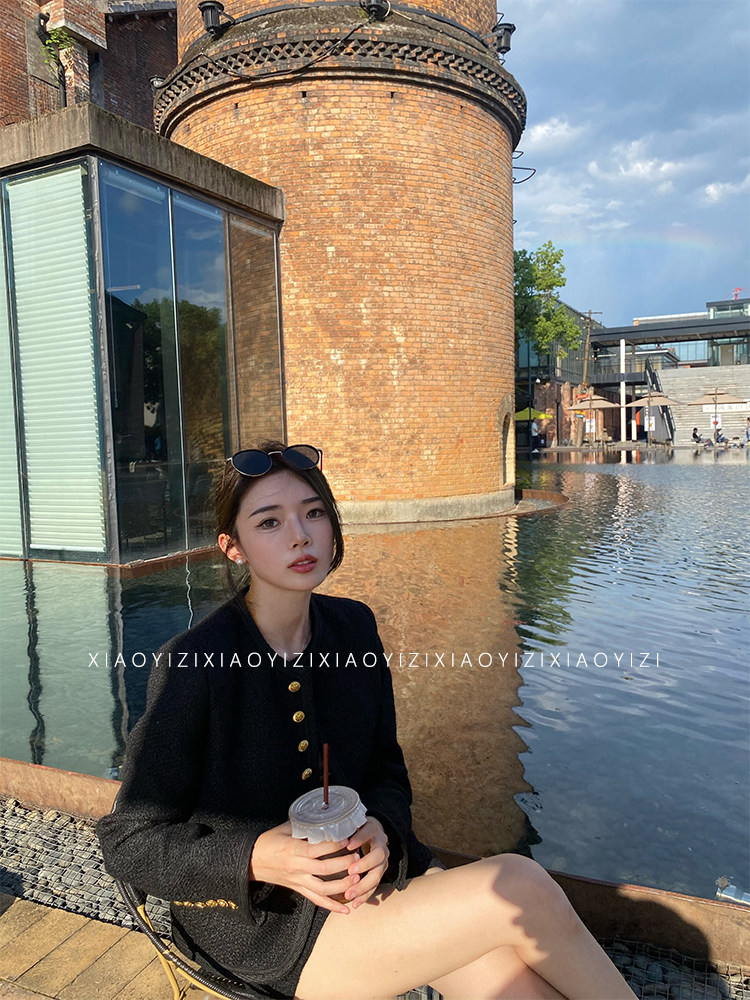 栗子妮妮 春秋新款黑色经典粗花呢小香风短外套韩系羊毛通勤上衣