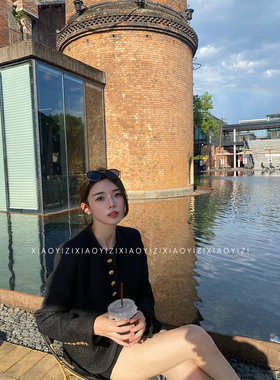 栗子妮妮 春秋新款黑色经典粗花呢小香风短外套韩系羊毛通勤上衣