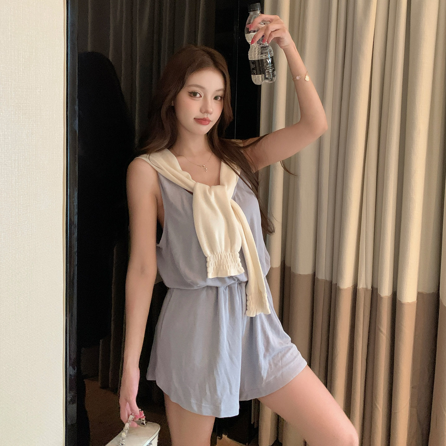栗子妮妮 假两件露肩套装女 慵懒薄款针织罩衫休闲阔腿短裤两件套