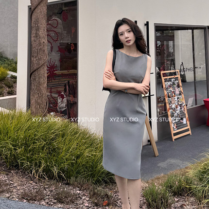 栗子妮妮 瑞秋裙 灰色春夏通勤职业背心高级修身知识分子连衣裙