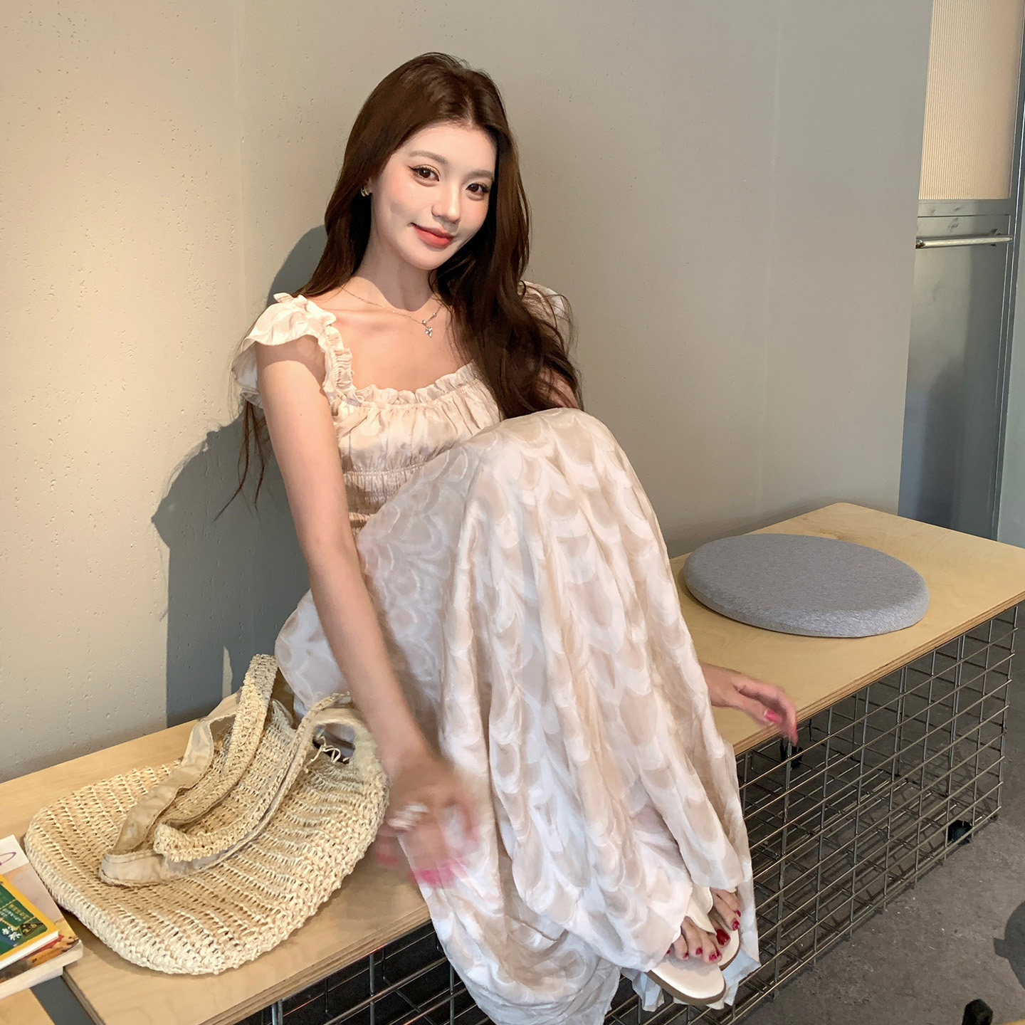 栗子妮妮澳棉人丝提花收腰连衣裙