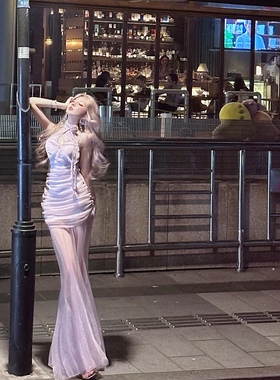 雪妮原创〈水晶紫雾〉紫色修身显瘦挂脖连衣裙分体式仙女长裙