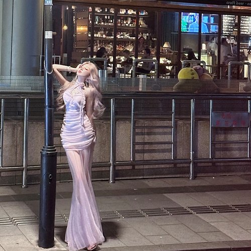 原创紫色分体式长裙修身显瘦