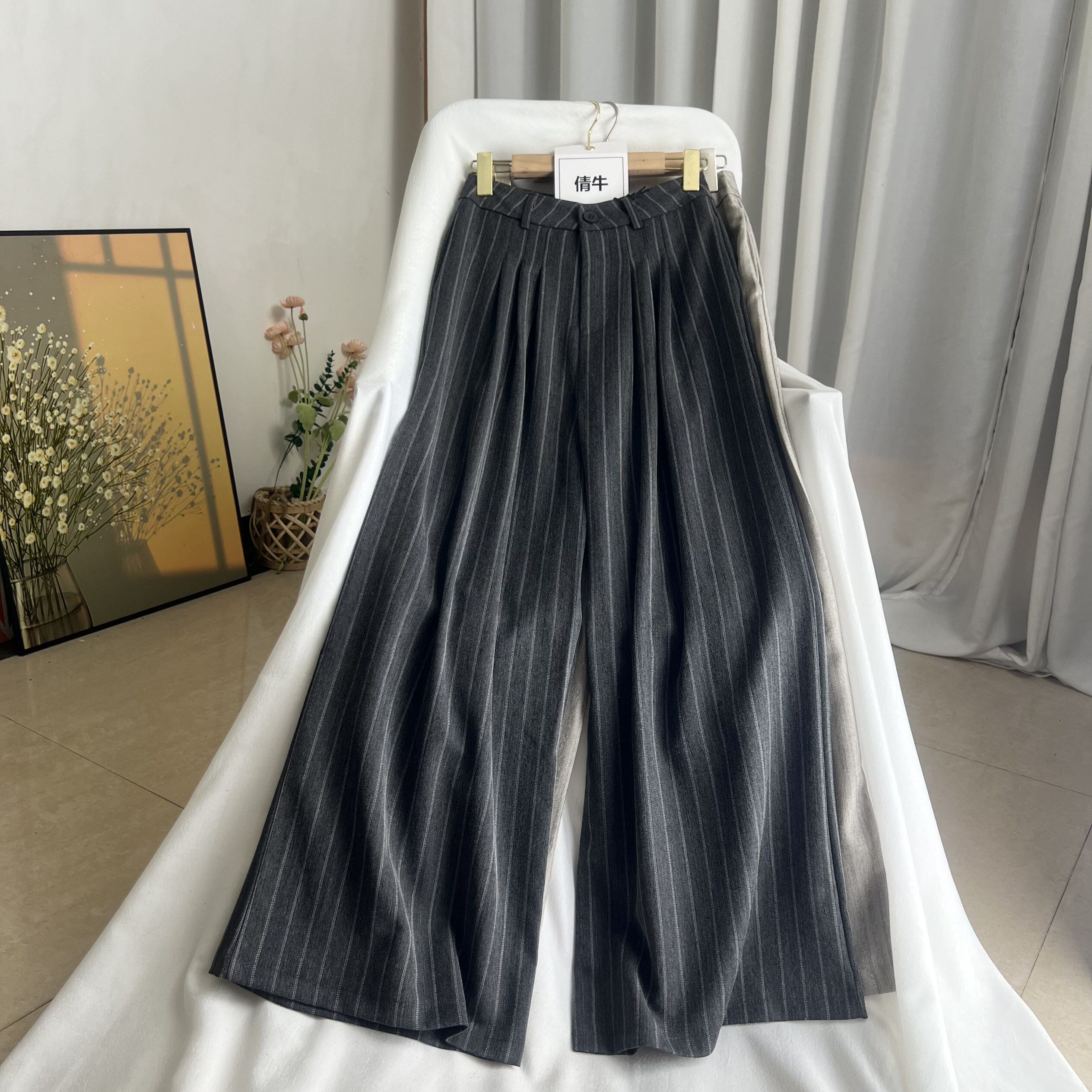 倩牛神货】雅痞帅气 长绒棉垂感宽松阔腿条纹西装阔腿长裤女夏季