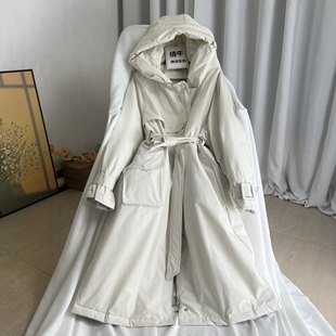 倩牛撤柜高档女装】少量 可收腰设计防风羽绒服长款连帽风衣外套