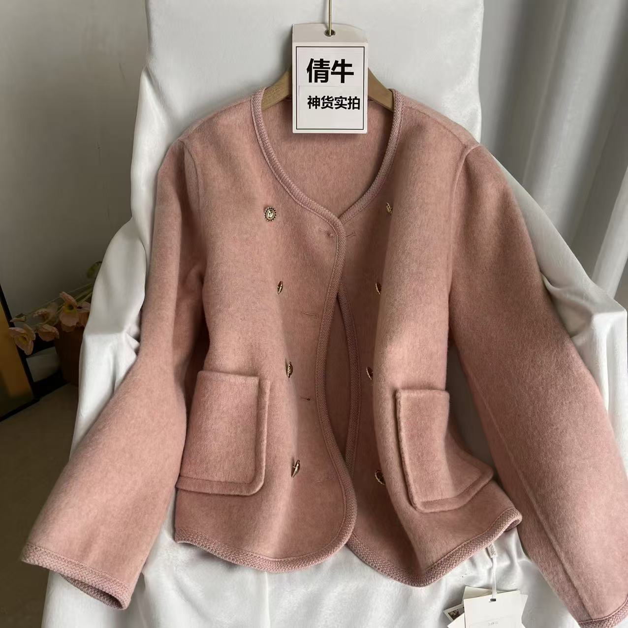 倩牛硬货】100澳毛 圆领单排扣手工双面羊毛短外套 撤柜高档女装