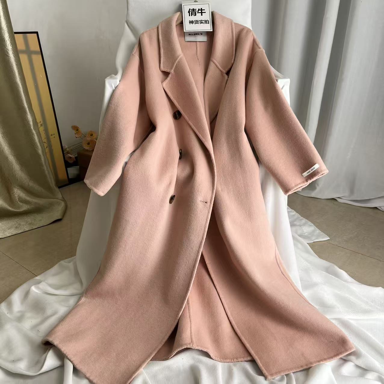 100羊毛双面呢西装领长款大衣