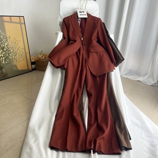 倩牛高端】真丝羊毛 气质收腰显瘦西装+微喇长腿西裤2026春装套装