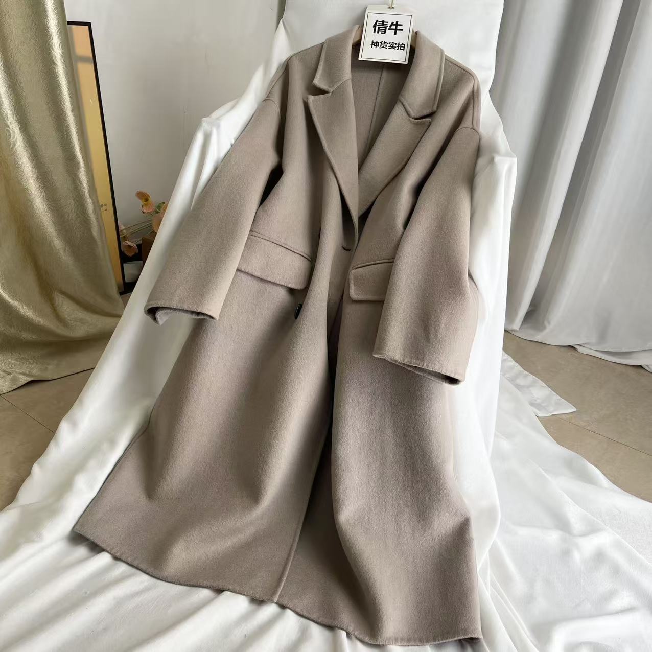 倩牛孤品特价】100羊毛 简约风双面呢毛呢大衣女西装领长款外套