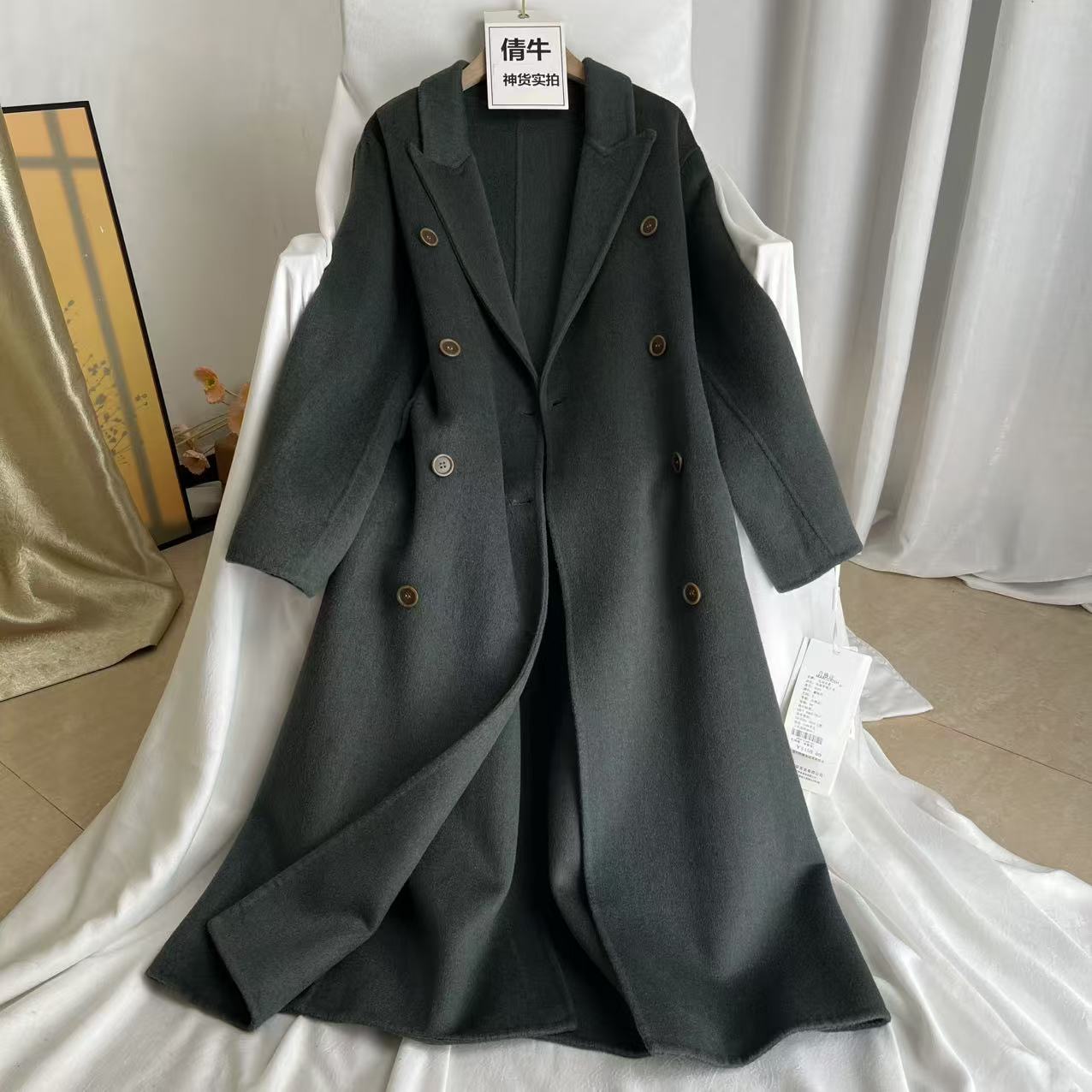 倩牛孤品特价】100羊毛 极简风双面呢毛呢大衣女长款双排扣外套