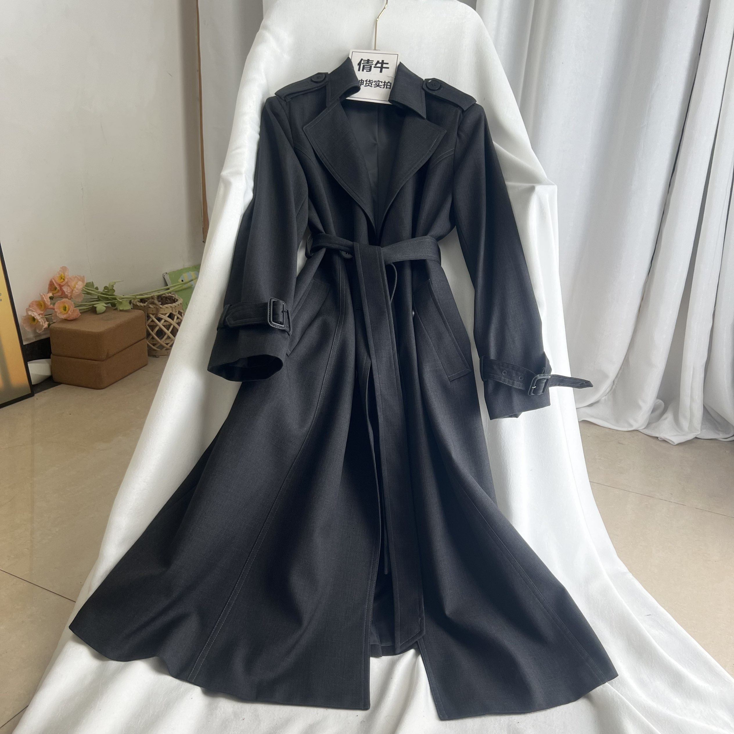 倩牛高端】大牌平替2026春装新款 高级灰色薄款长款风衣外套女