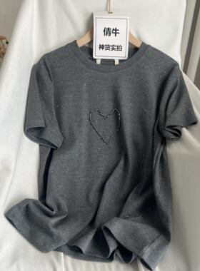倩牛神货】95%长绒棉手工爱心烫钻加厚弹力圆领休闲宽松T恤女夏款